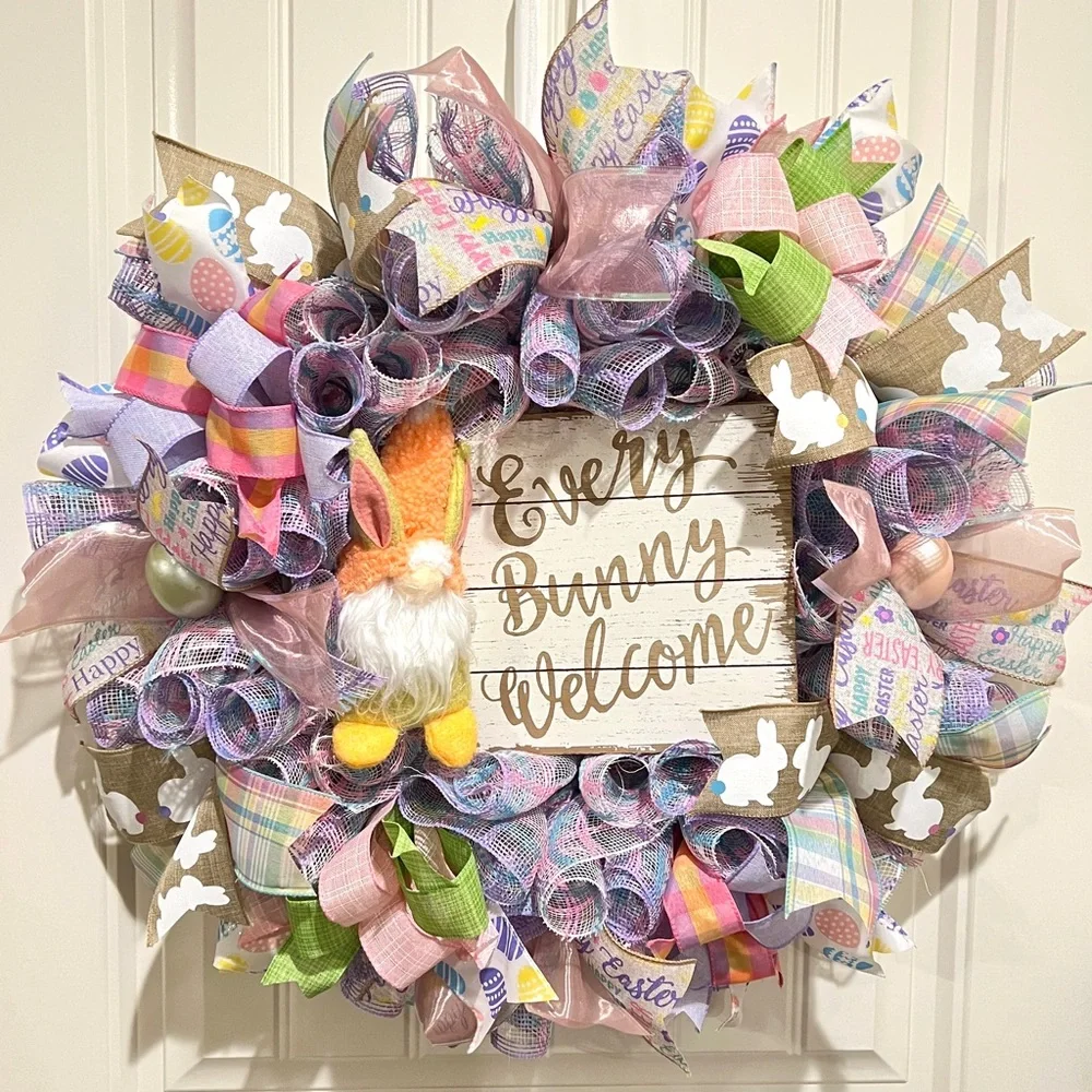 23” Easter Ribbon Wreath Bunny Gnome in Pink, Purple & White Handmade W6